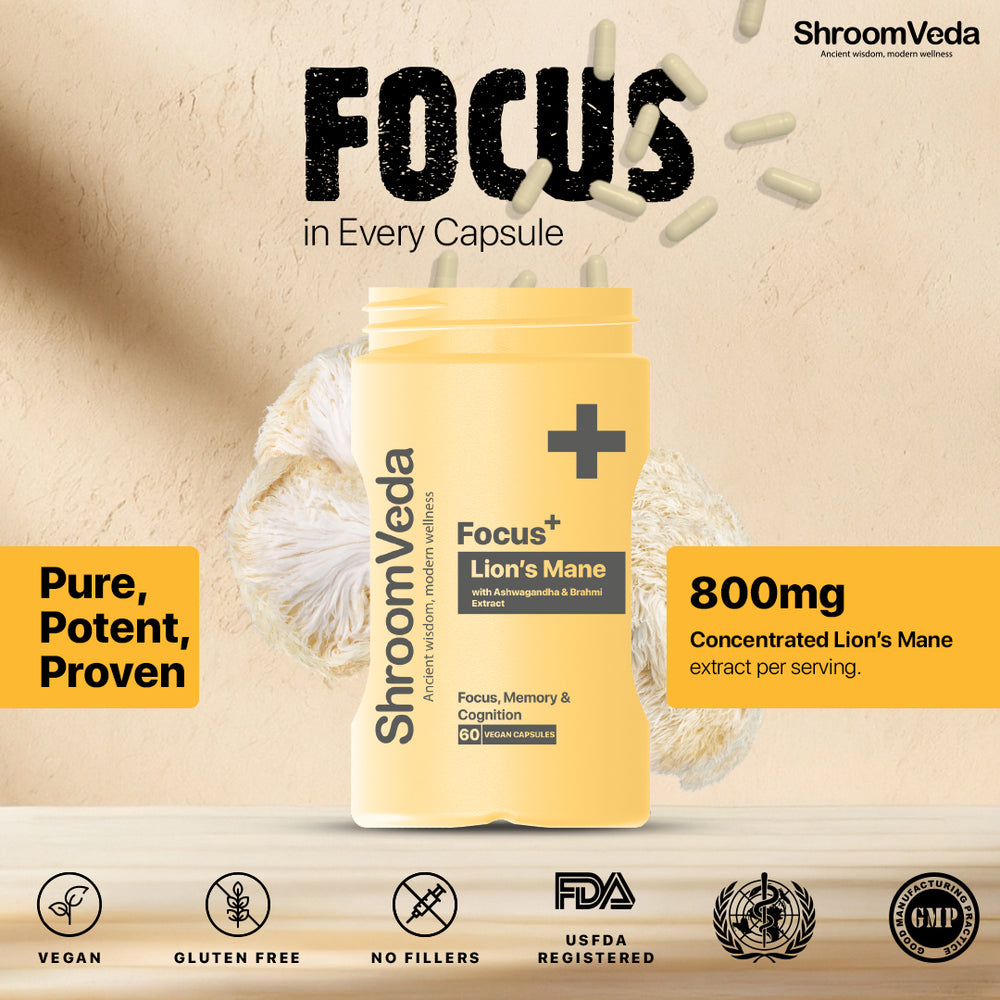 
                  
                    Focus⁺ Lions mane Extract With Ashwagandha & Brahmi Extract
                  
                