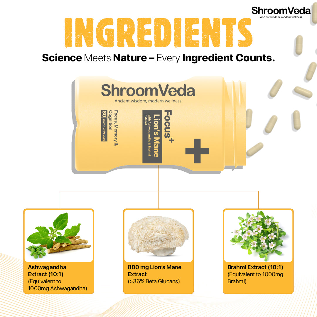 
                  
                    Focus⁺ Lions mane Extract With Ashwagandha & Brahmi Extract
                  
                