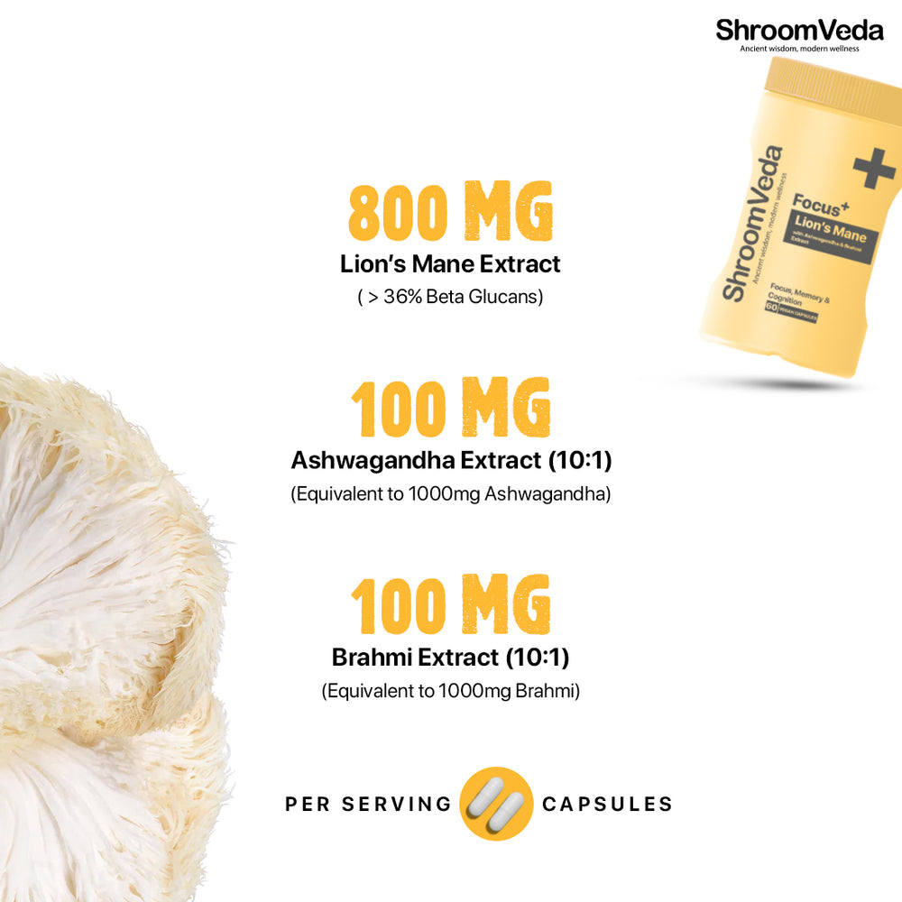 
                  
                    Focus⁺ Lions mane Extract With Ashwagandha & Brahmi Extract
                  
                